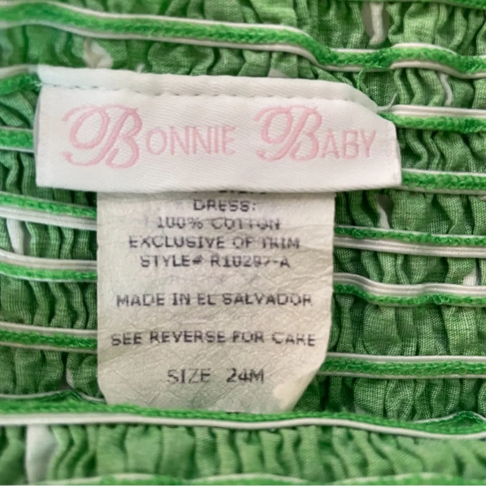 Bonnie Baby Green Dress With White Polka Dots With Pink Trim & Bows S 24 Months
